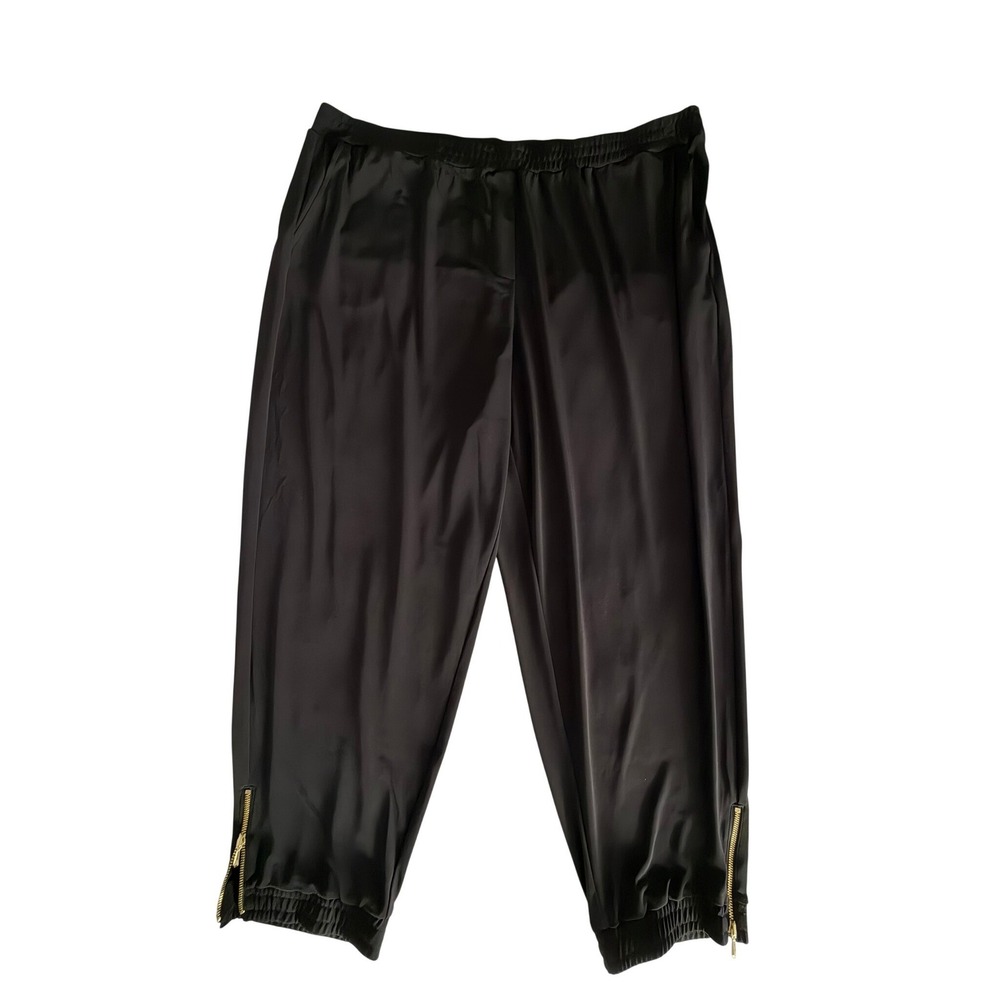Susan Graver Black Silky Jogger Pants Gold Ankle Zip Petite Plus 2XP A296290